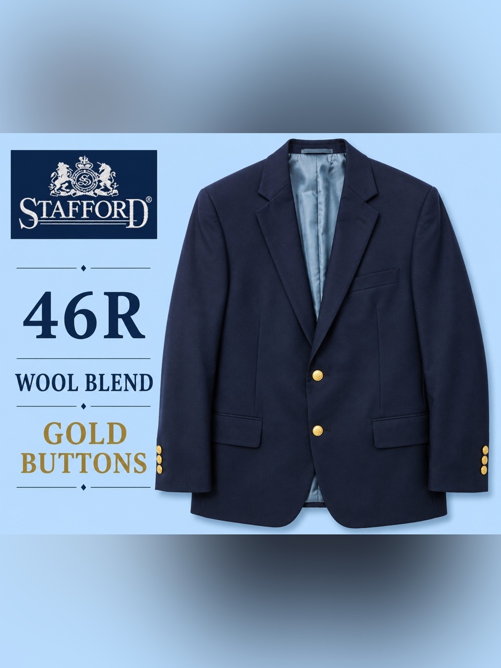 Stafford Navy Blazer Gold Button Wool Blend Sport Coat 46R Classic Preppy